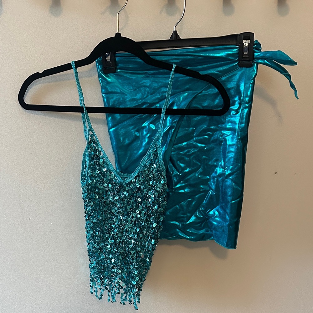 Teal Sequin Top and Skirt Swimsuit Coverup